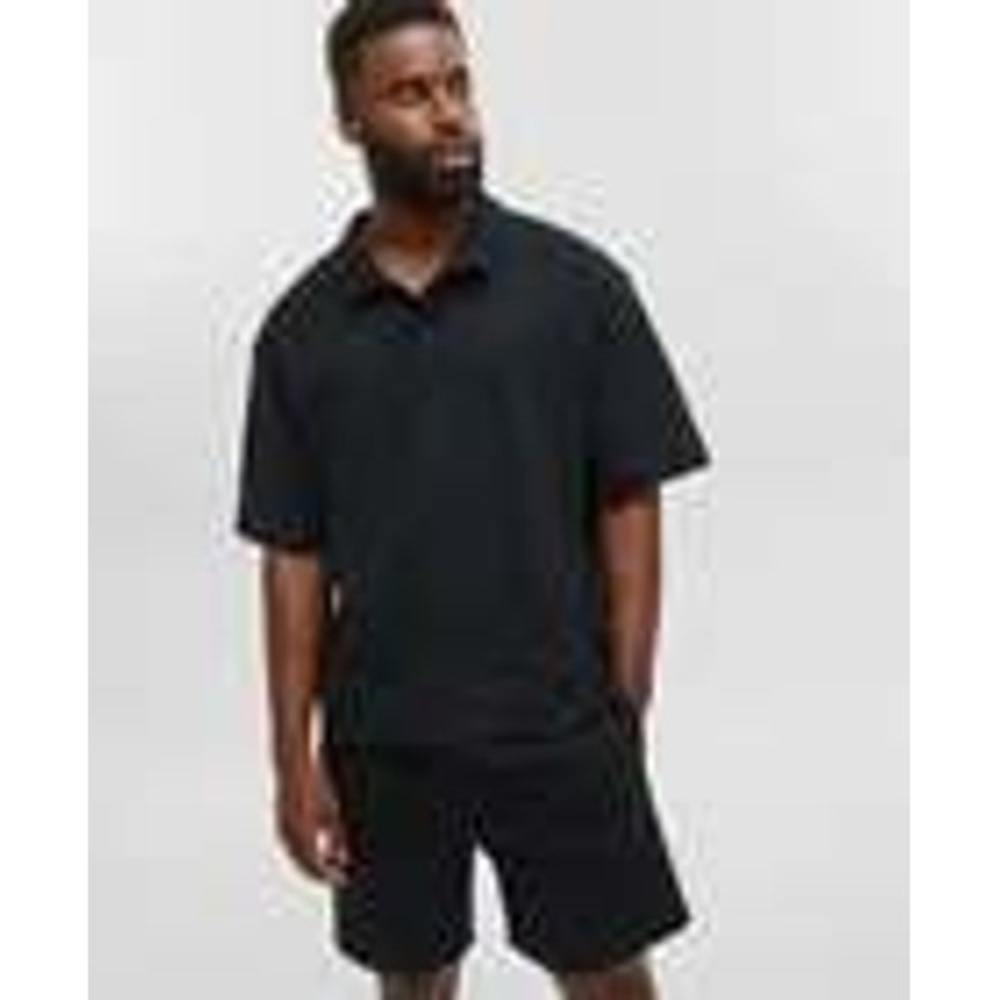 Mode of One Mens Deep Black Novelty Fleece Polo Shirt Short Sleeve Large NEW